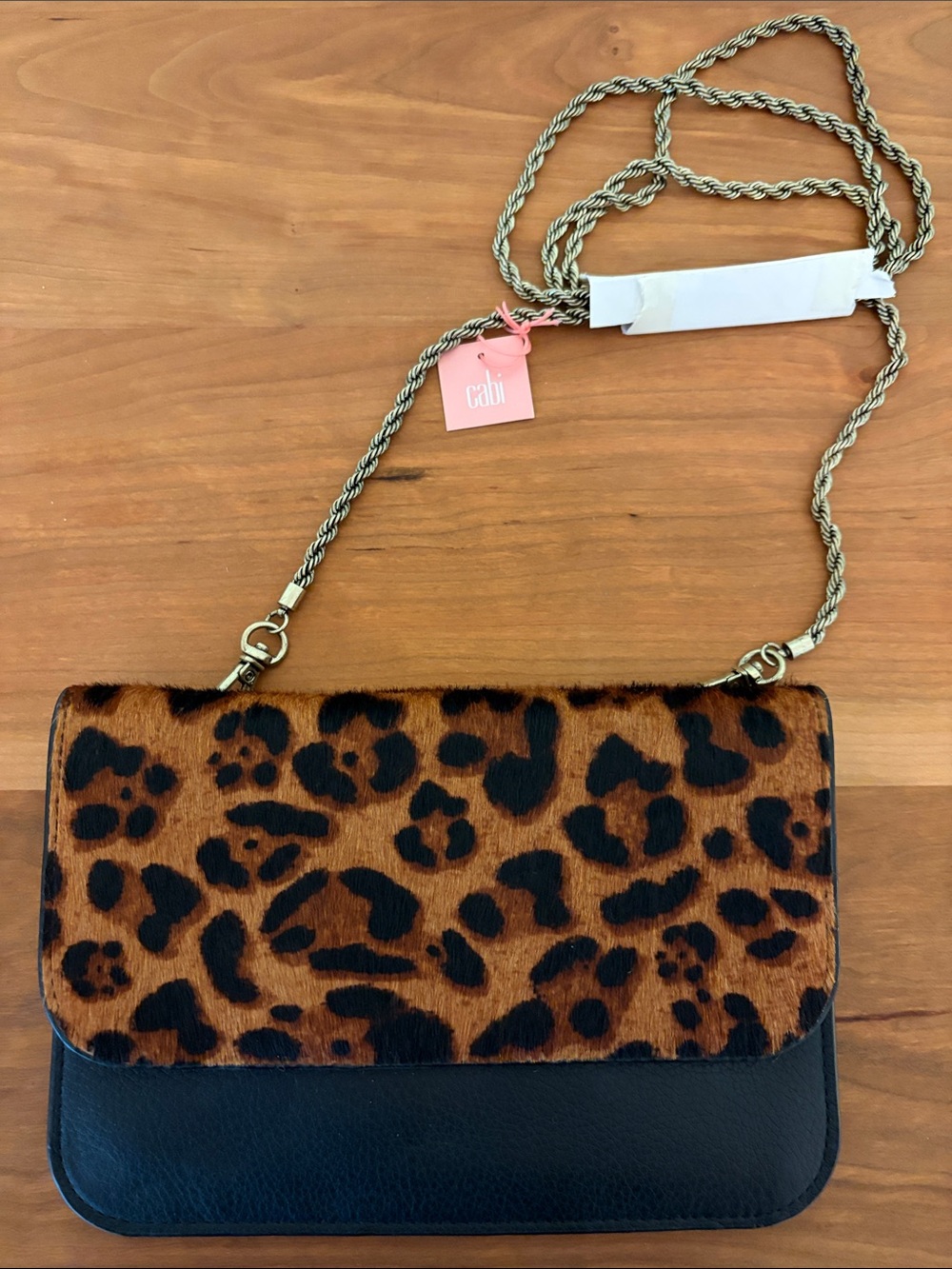 CAbi Leopard Print Crossbody Bag with Black Base and Gold Chain